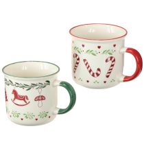 Artikel Kerstmok keramiek rood groen crème H9cm 2 stuks