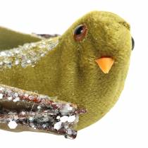 Artikel Kerstdecoratie vogel op clip groen, glitter 12cm 6st assorti