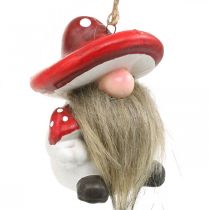 Decoratieve kabouter keramiek om op te hangen met paddestoelhoed rood, wit H8cm 4st