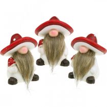 Deco elf keramiek paddestoel hoed tafeldecoratie rood, wit H10.5cm 3st