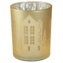 Artikel Lantaarn glas zilver goud stadssilhouet H12,5cm 4 st