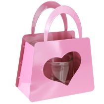 Artikel Lantaarn metalen tas met glazen inzetstuk roze hart H26cm