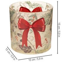 Artikel Glazen votiefkaarsenhouder met rood lint en wintertakken, 15 cm