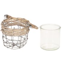 Artikel Theelichthouder, glas, metaal, wilgenhout, Ø10,5 cm, 3 stuks