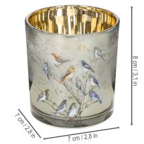 Artikel Glazen theelichthouder met vogel- en sneeuwvlokmotief, 8 cm, 2 stuks