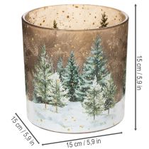 Artikel Glazen theelichthouder met dennenbosmotief, winterdecoratie, 15 cm