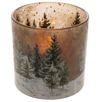 Artikel Glazen theelichthouder met dennenbosmotief, winterdecoratie, 15 cm