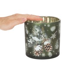 Artikel Glazen theelichthouder met dennenappels en sneeuwvlokken, 15 cm