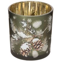 Artikel Glazen theelichthouder met takje winterdennenhout, 8 cm, 2 stuks