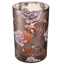 Artikel Glazen lantaarn bruin zilver roze anjers H18cm