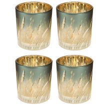 Artikel Decoratieve glazen lantaarn met grasmotief voor een sfeervolle kamerdecoratie, blauw, 8 cm, 4 stuks.