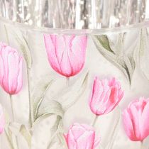 Artikel Decoratieve glazen lantaarn met tulpmotief voor een lenteachtige sfeer in huis, 8 cm, 4 stuks.