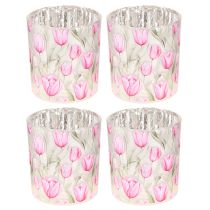Artikel Decoratieve glazen lantaarn met tulpmotief voor een lenteachtige sfeer in huis, 8 cm, 4 stuks.