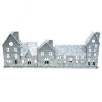 Artikel Rij huizen, metalen decoratie voor verlichting, adventsdecoratie, zilveren lantaarn L52cm H20cm