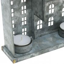 Artikel Rij huizen, metalen decoratie voor verlichting, adventsdecoratie, zilveren lantaarn L52cm H20cm