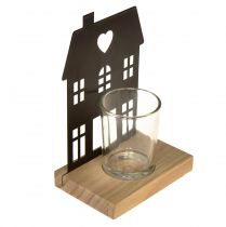 Artikel Lantaarnhuis metaal zwart met houten voet H15cm 2st