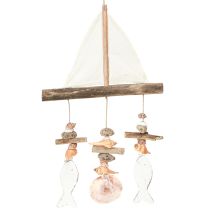 Artikel Windgong zeilschip decoratie vis hout wit natuurlijk H56cm