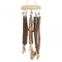Houten windgong, schelpen maritiem decor naturel Ø14cm H40cm