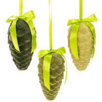 Artikel Decoratieve dennenappels om op te hangen, met fluweel beklede dennenappels met lint en strik, 18 cm, 3 stuks