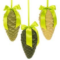 Artikel Kunstmatige dennenappelhangers met cadeaulint en strik, 23 cm, 3 stuks