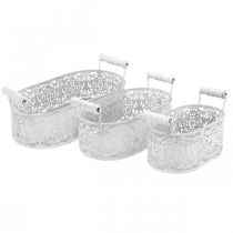 Artikel Kommen om te planten, decoratieve pot met kanten decor, metalen vat met handvatten, ovaal wit, zilver Shabby Chic L25.5 / 20 / 15cm H7cm set van 3
