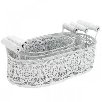 Artikel Kommen om te planten, decoratieve pot met kanten decor, metalen vat met handvatten, ovaal wit, zilver Shabby Chic L25.5 / 20 / 15cm H7cm set van 3