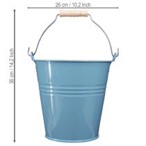 Artikel Blauwe metalen emmerbloempot met houten handvat, 26x22,5x23 cm
