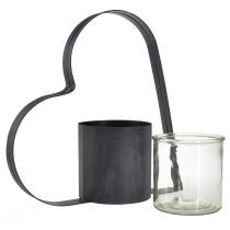 Artikel Antiek grijze metalen houder met hartvorm en glazen houder - 30 cm decoratie voor een romantische sfeer 2 stuks
