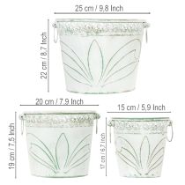 Artikel Bloempot van reliëfmetaal met handvatten, wit en groen, shabby chic stijl, H22/19,5/17,5 cm, Ø25,5/20,5/15,5 cm, set van 3