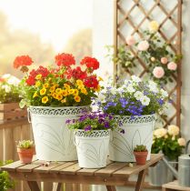 Artikel Bloempot van reliëfmetaal met handvatten, wit en groen, shabby chic stijl, H22/19,5/17,5 cm, Ø25,5/20,5/15,5 cm, set van 3