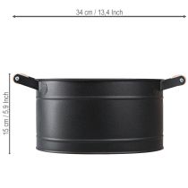 Artikel Ovale metalen bloempot met handvat, zwart met natuurlijke afwerking, 34x19,5x15 cm