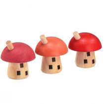 Artikel Decoratief paddestoelen houten huisje rood oranje houten decoratie 6×5cm 6st