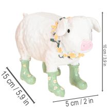 Artikel Decoratief varkentje met rubberlaarzen – Grappig boerderijfiguurtje met bloemenkrans 15,5 cm
