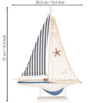 Artikel Decoratieve zeilboot houten schelpen wit blauw L26.5cm H37cm