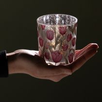 Artikel Decoratieve glazen lantaarn met tulpmotief voor een lenteachtige sfeer in huis, 8 cm, 4 stuks.