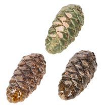 Artikel Decoratieve keramische dennenappels, diverse kleuren groen, geel en bruin, 8,5 cm, 6 stuks