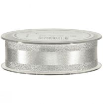 Artikel Decoratief lint zilver met glitter cadeaulint met strepen 25mm 20m