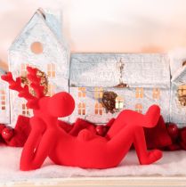Artikel Decoratief rood rendierbeeldje, liggend, modern design, 24 cm, 2 stuks
