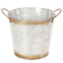 Artikel Decoratieve pot met handvatten, plantenemmer, metalen container, zilverkleurig, verweerd staal, Ø17cm H16,5cm