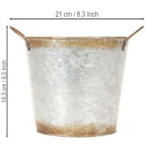 Artikel Decoratieve pot met handvatten, plantenemmer, metalen container, zilverkleurig, verweerd staal, Ø17cm H16,5cm