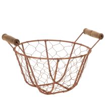 Artikel Draadmand, metalen mand met handvat, hout, roest, decoratief, Ø18cm