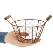 Artikel Draadmand, metalen mand met handvat, hout, roest, decoratief, Ø18cm