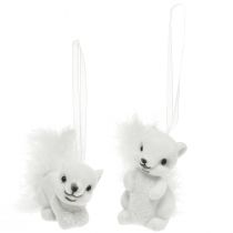 Artikel Witte Eekhoorn 6 cm bedels met glitter en verendetail - Perfect voor feestelijke kerstboomversiering - Pack van 2