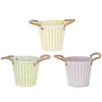 Artikel Emmer voor planten, plantenbak met handvatten, metalen decoratie roze/groen/geel shabby chic Ø16,5cm H15cm 3-delige set