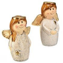 Artikel Charmant engelenduo van keramiek in crèmewit met gouden accenten - 8,6 cm - Hemelse decoratieve figuren - 2 stuks