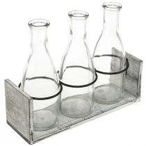 Artikel Rustieke flessenset in houten steun - 3 glazen flessen, grijswit, 24x8x20 cm - Veelzijdig ter decoratie