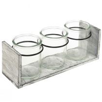Artikel Rustieke glazen containerset in een grijs en witte houten standaard - 27,5x9x11 cm - Veelzijdige opberg- en decoratieve oplossing