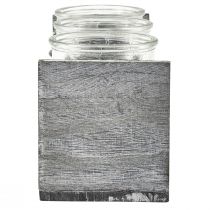 Artikel Rustieke glazen containerset in een grijs en witte houten standaard - 27,5x9x11 cm - Veelzijdige opberg- en decoratieve oplossing