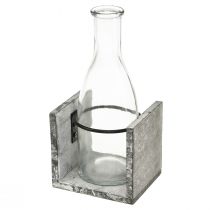Artikel Glazen vaas in grijze houten standaard, 9,5x8x20cm - Rustieke decoratie met 4 flessen