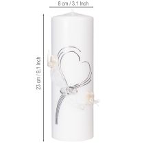 Artikel Feestelijke trouwkaars met een stijlvol hartvormig ontwerp, zilveren versieringen en organza lint – ideaal voor bruiloften en zilveren huwelijksjubilea, 230/80 mm